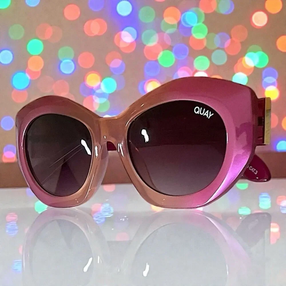 Quay Real Me Sunglasses Geometric Pink Ombre Frame Brown Lens NWT And Case
